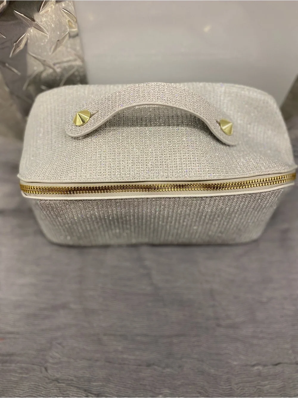 Silver Sparkle Top-Handle Cosmetic Case - Women's Bag